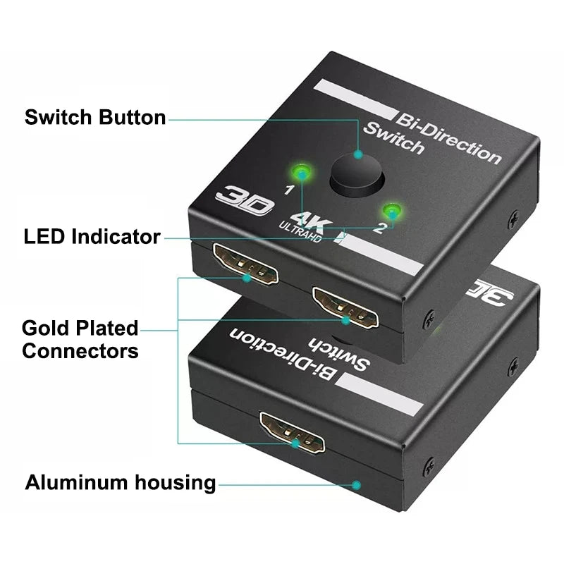 2 in 1 out HD 4K 60Hz Bidirectional Switcher HDMI-compatible Switcher 1X2 Distribution for Projector PC Laptop