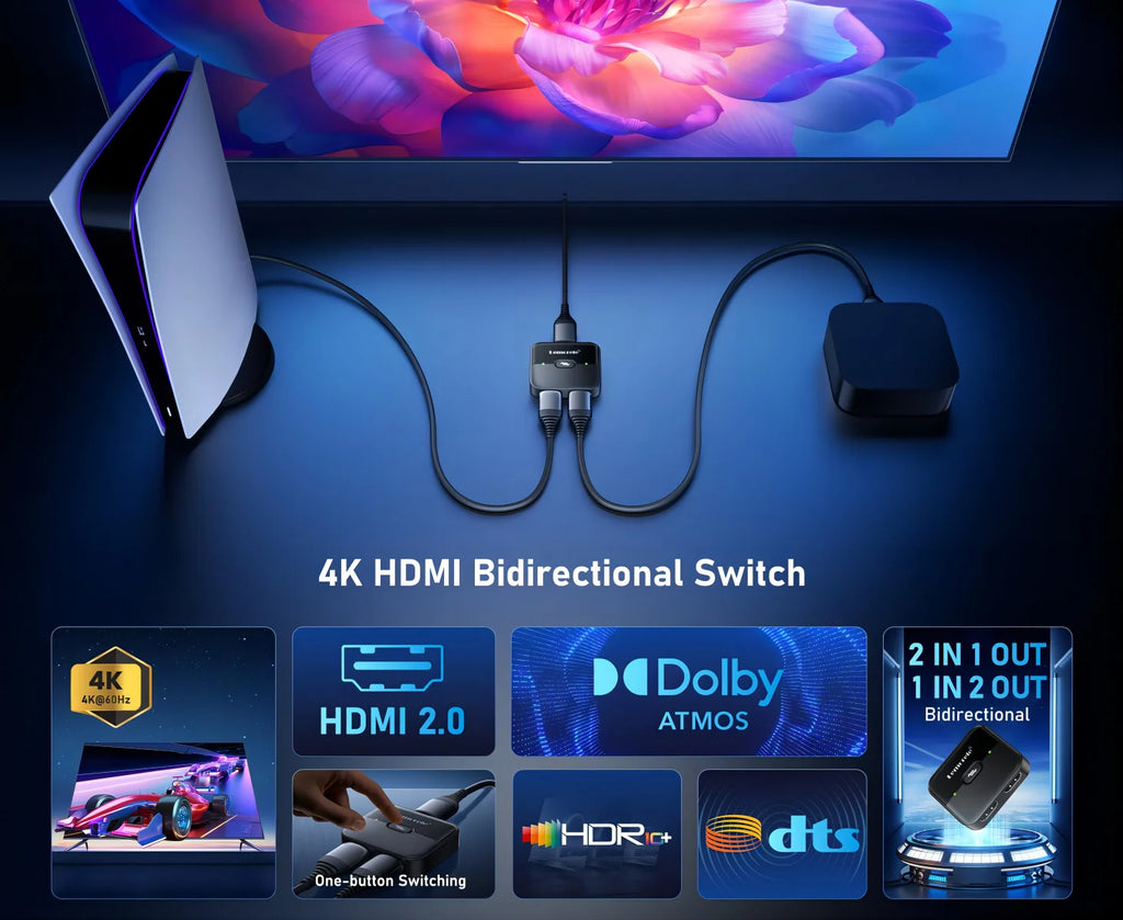 Lemorele 4K HDMI Splitter Switch 2 in 1 Out 60Hz HDMI-compatible 2.0 Hub Switcher for PC Laptop HDTV Xbox PS4 PS5 TV Macbook