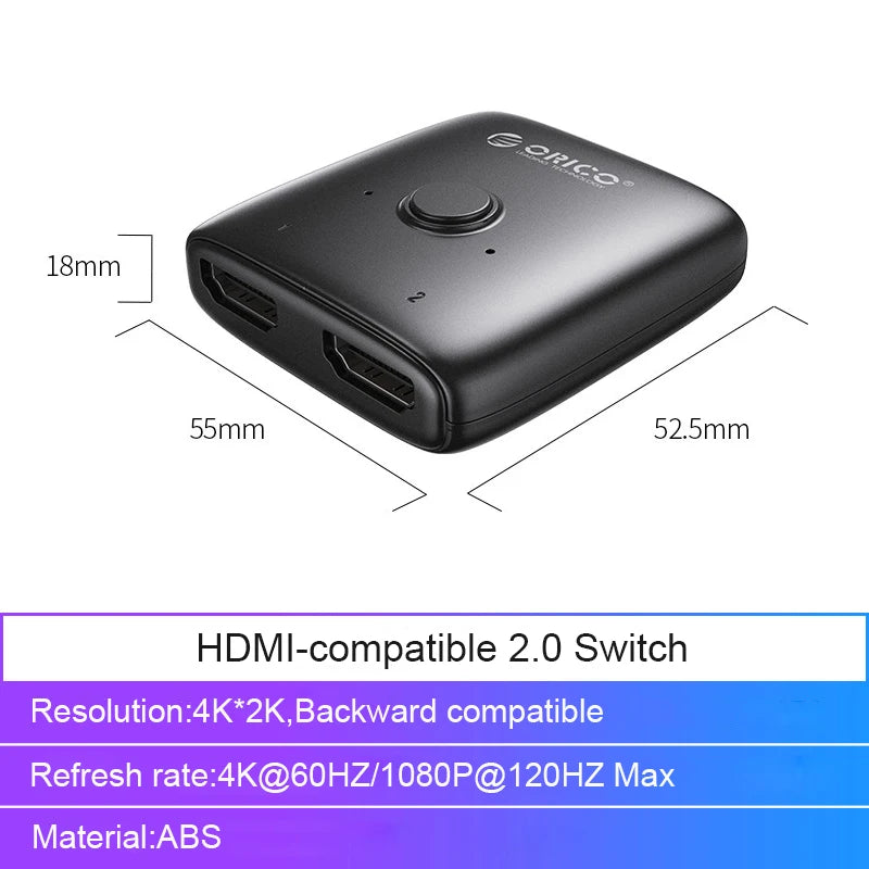 ORICO HDMI Switcher 4K Bi-Direction 2.0 HDMI Switch 1x2/2x1 Adapter 2 in 1 Out Converter for PS4/5 Xiaomi TV Box HDMI Splitter