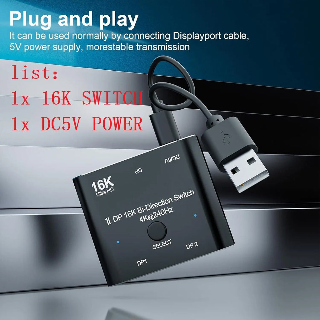 Displayport Splitter 16K DP Displayport Switch, Bi-Direction 2 in 1 Out Displayport Splitter Bi Directional 8K@120Hz 4K@240Hz