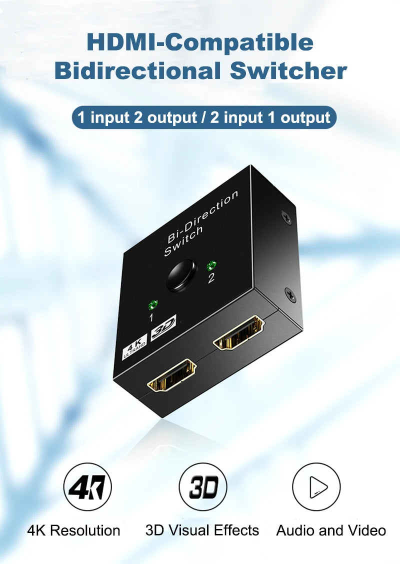2 in 1 out HD 4K 60Hz Bidirectional Switcher HDMI-compatible Switcher 1X2 Distribution for Projector PC Laptop