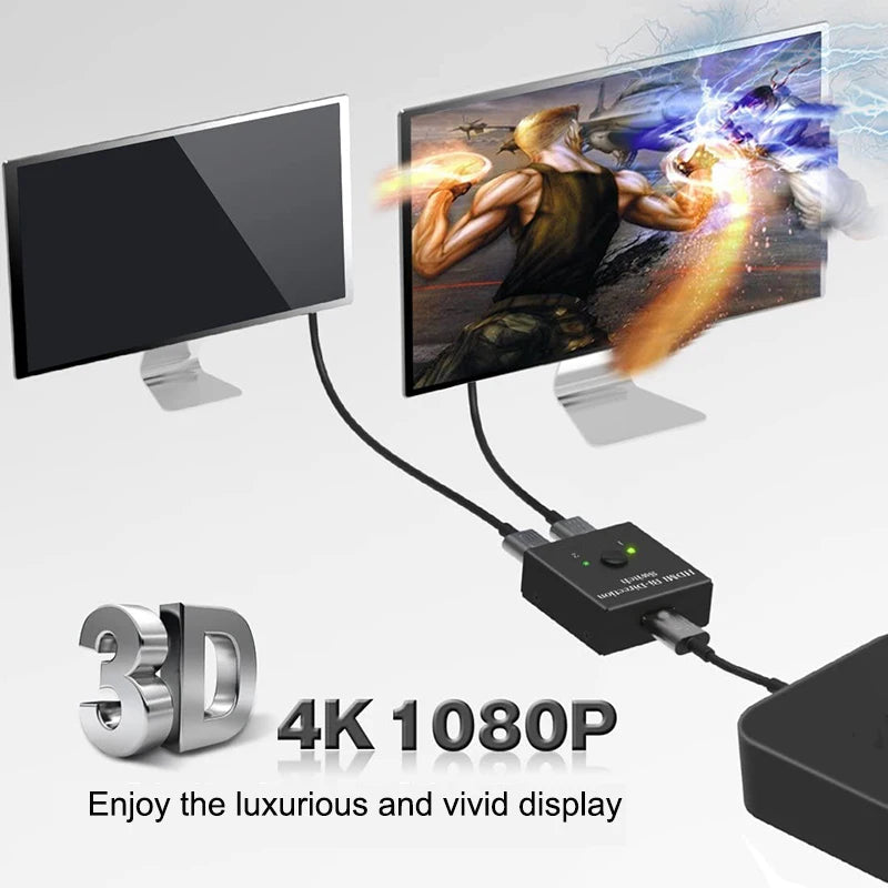 2 in 1 out HD 4K 60Hz Bidirectional Switcher HDMI-compatible Switcher 1X2 Distribution for Projector PC Laptop