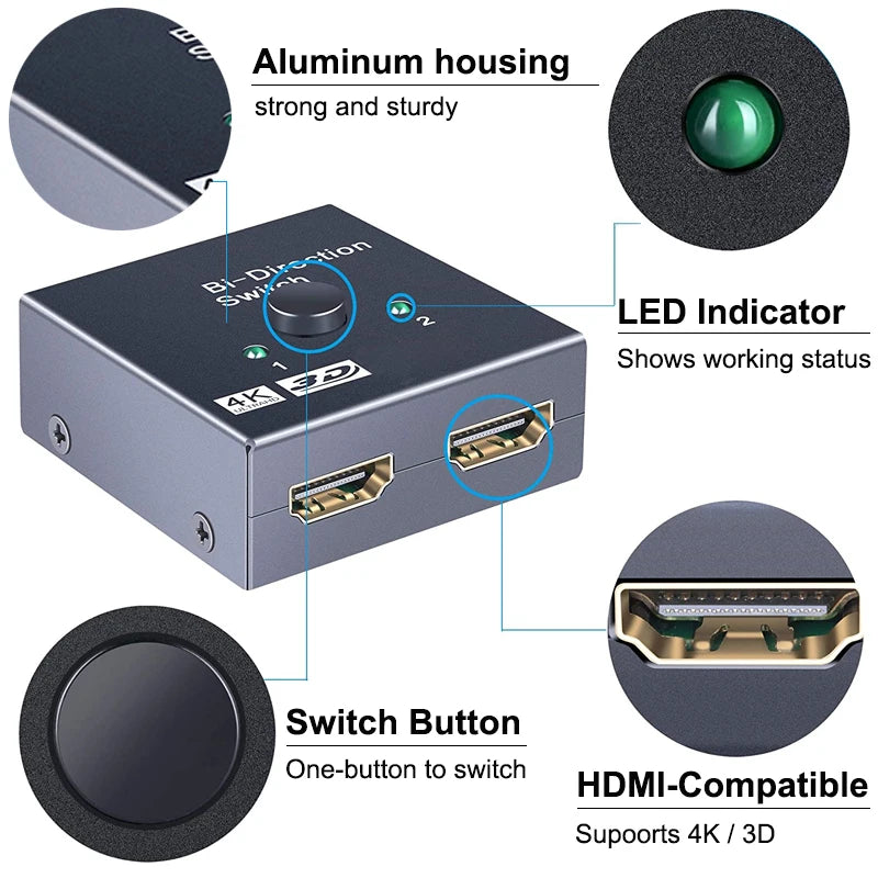 2 in 1 out HD 4K 60Hz Bidirectional Switcher HDMI-compatible Switcher 1X2 Distribution for Projector PC Laptop
