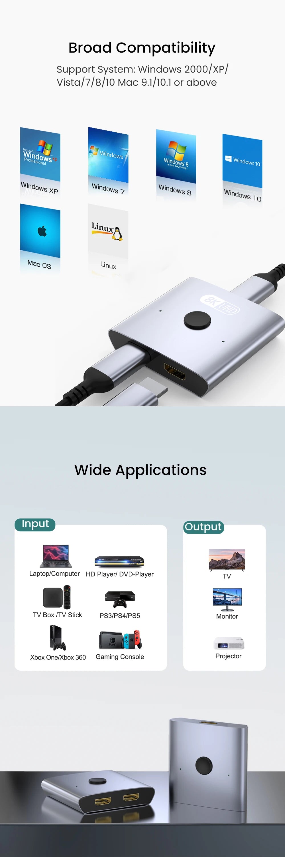 NIERBO 8K Bi-Directional HDMI 2.1 Switch Splitter 2 in 1 Out Ultra HD 4K@120Hz 8K@60Hz 48Gbps Aluminum HDMI Hub for PS5 Xbox