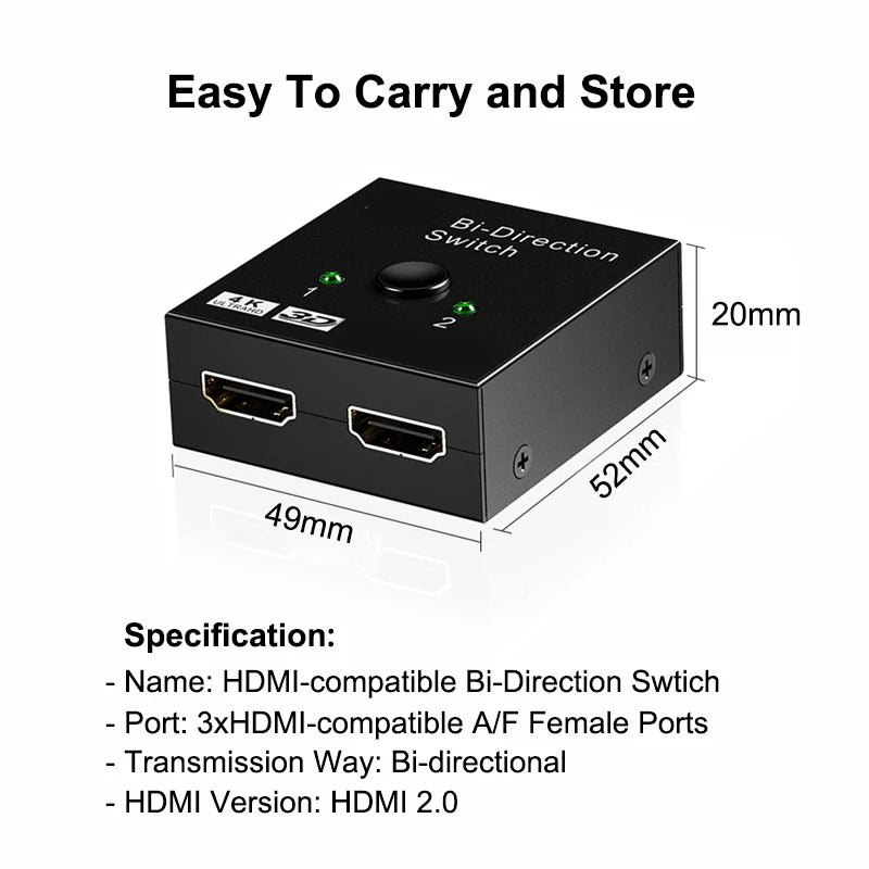 2 in 1 out HD 4K 60Hz Bidirectional Switcher HDMI-compatible Switcher 1X2 Distribution for Projector PC Laptop