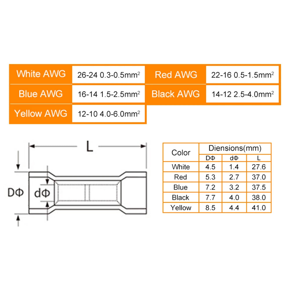 50pcs Heat Shrink Butt Wire Connectors Waterproof Insulated Automobile Electrical Cable Crimp Terminals AWG 26-10 0.3-6.0mm2