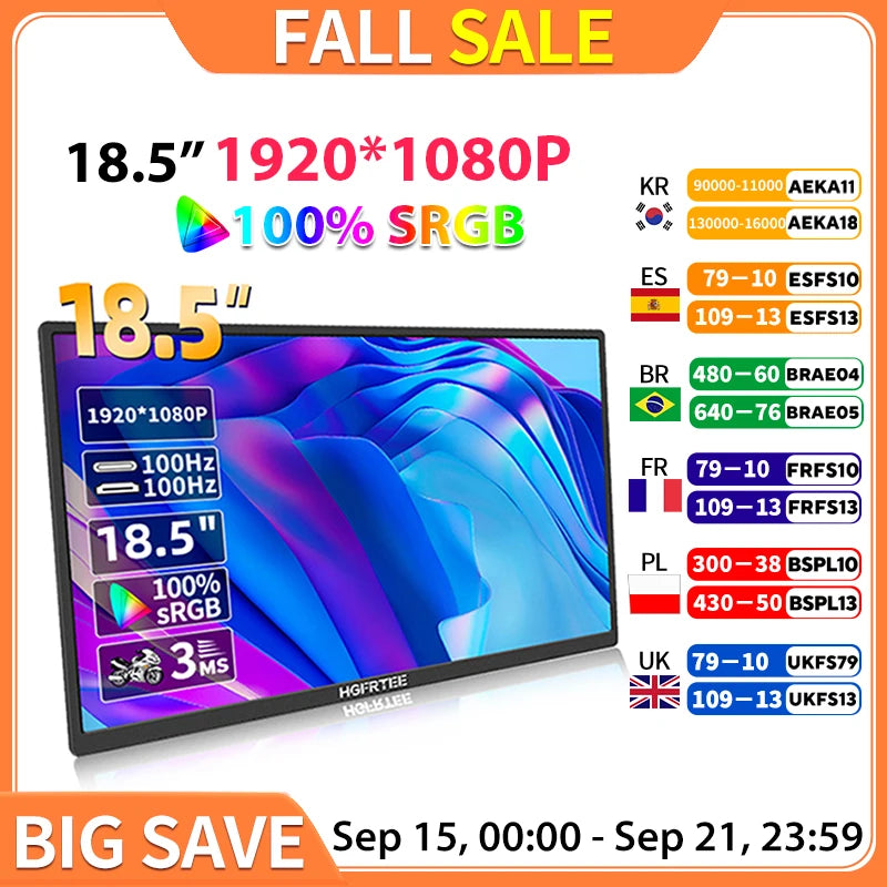 HGFRTEE 18.5inch Portable Monitor 100Hz RGB100% With VESA Hole & Back bracket Laptop Extended Display ADS-IPS HDR Screen