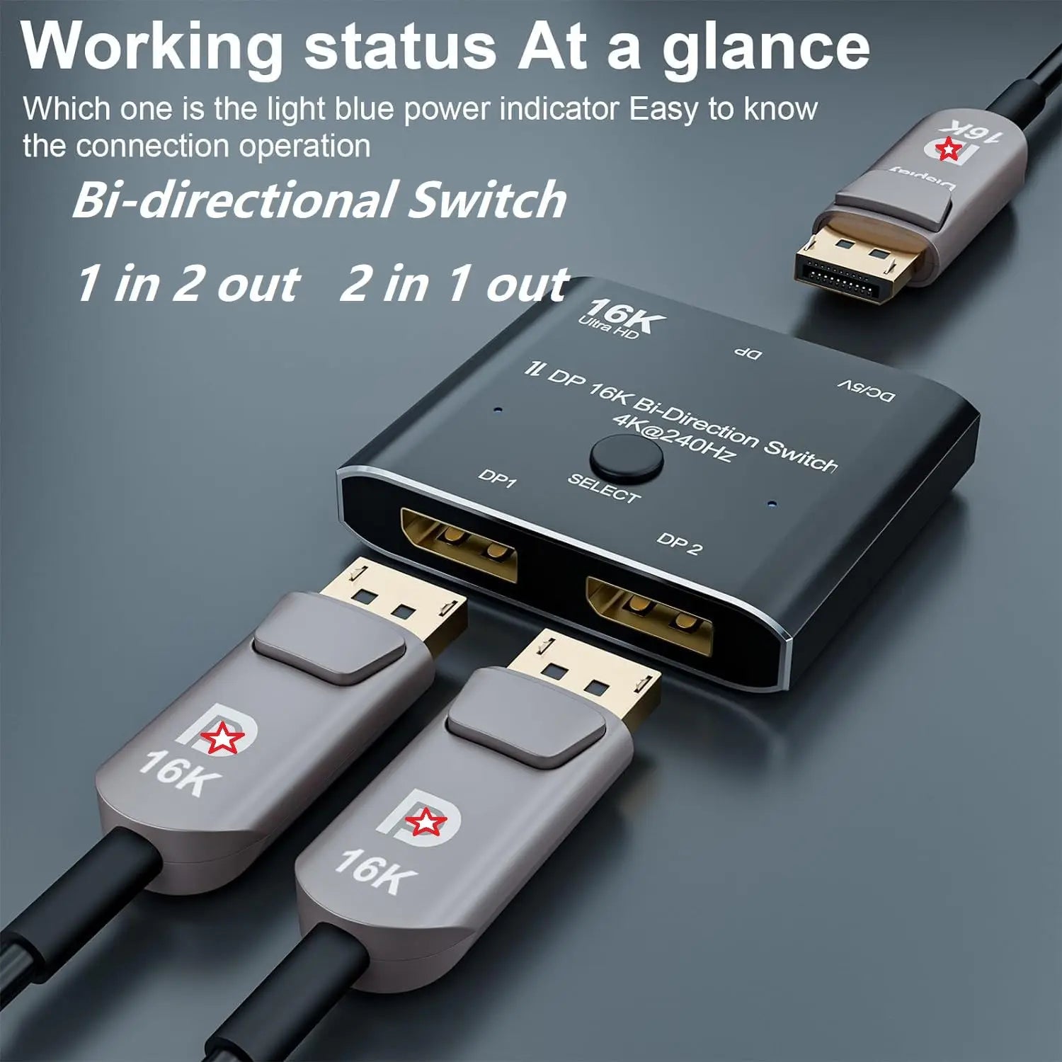 Displayport Splitter 16K DP Displayport Switch, Bi-Direction 2 in 1 Out Displayport Splitter Bi Directional 8K@120Hz 4K@240Hz