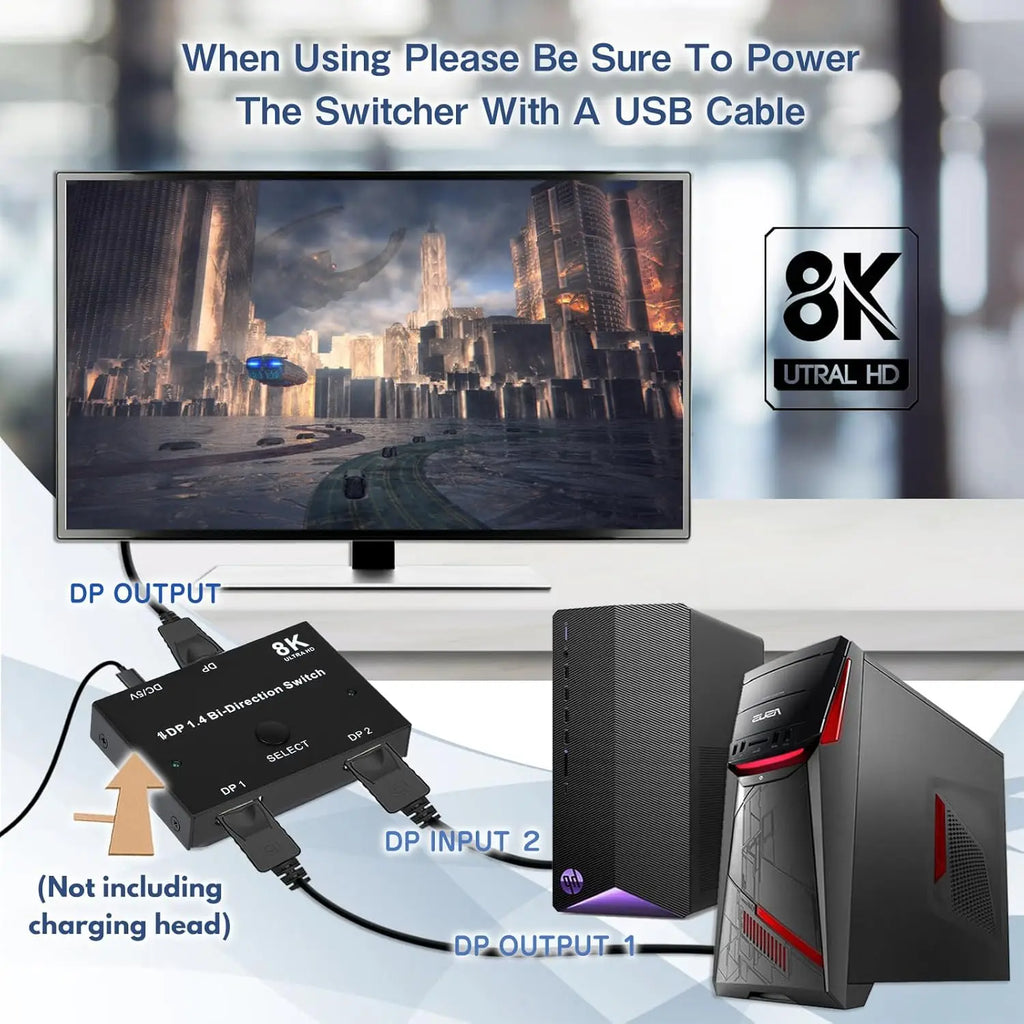DisplayPort Switch 8K Splitter Bidirectional DP 1.4 Switch 2 in 1 Out/1 in 2 Out 8K@30Hz/4K@120Hz for PC Host Monitor Laptop etc