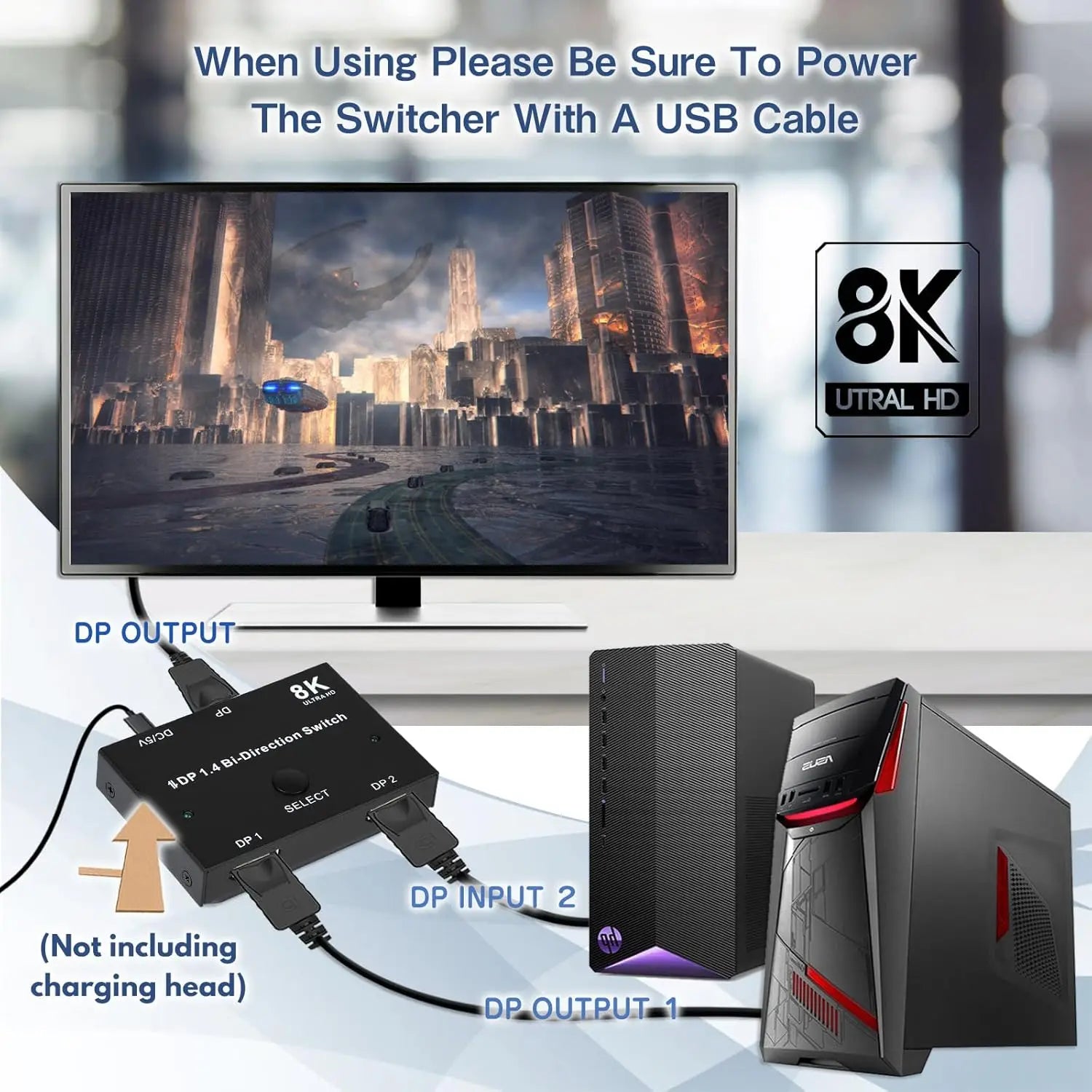 DisplayPort Switch 8K Splitter Bidirectional DP 1.4 Switch 2 in 1 Out/1 in 2 Out 8K@30Hz/4K@120Hz for PC Host Monitor Laptop etc