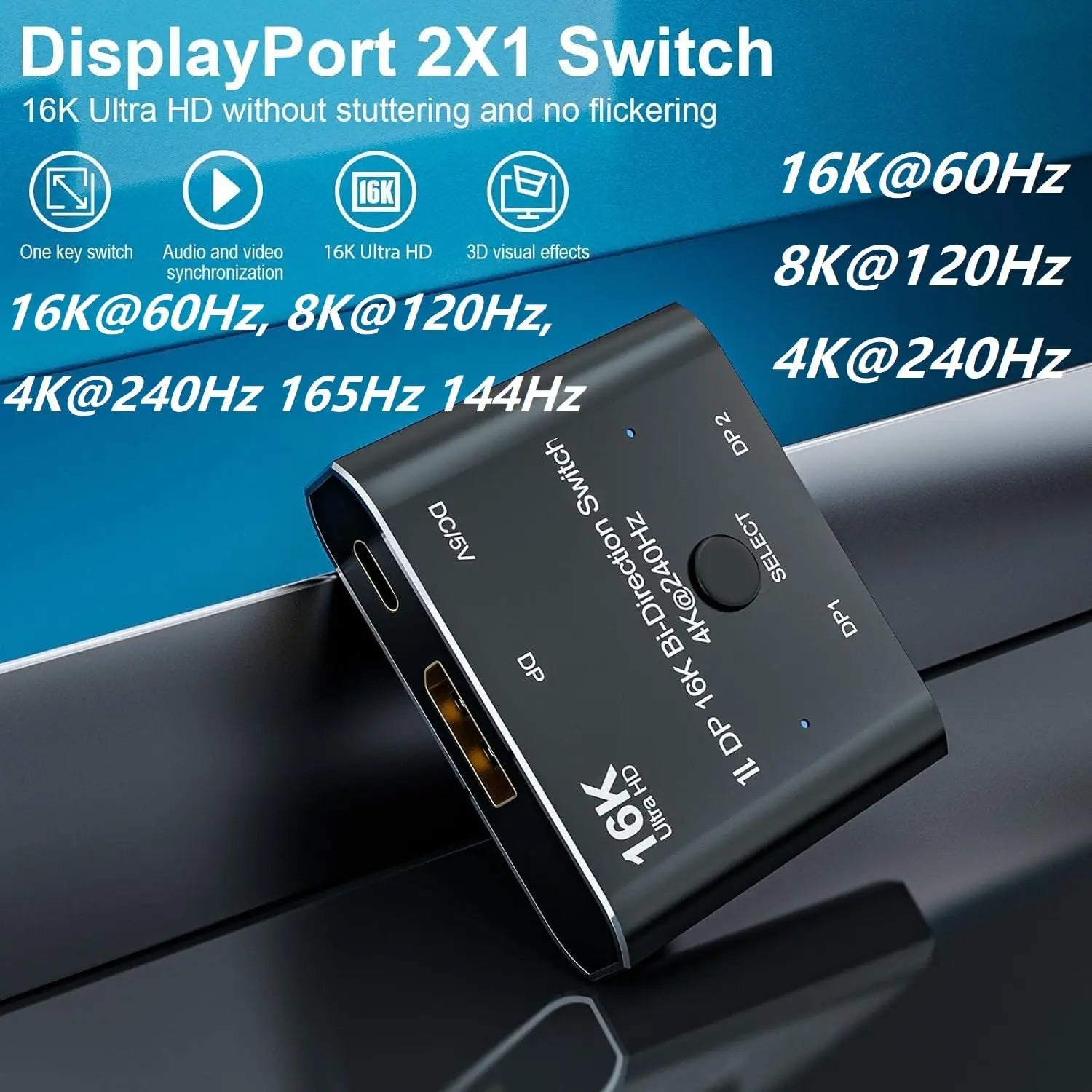 Displayport Splitter 16K DP Displayport Switch, Bi-Direction 2 in 1 Out Displayport Splitter Bi Directional 8K@120Hz 4K@240Hz
