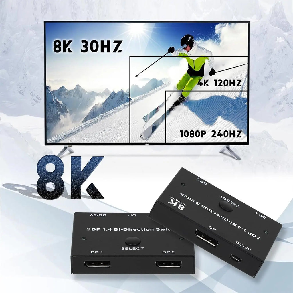 DisplayPort Switch 8K Splitter Bidirectional DP 1.4 Switch 2 in 1 Out/1 in 2 Out 8K@30Hz/4K@120Hz for PC Host Monitor Laptop etc